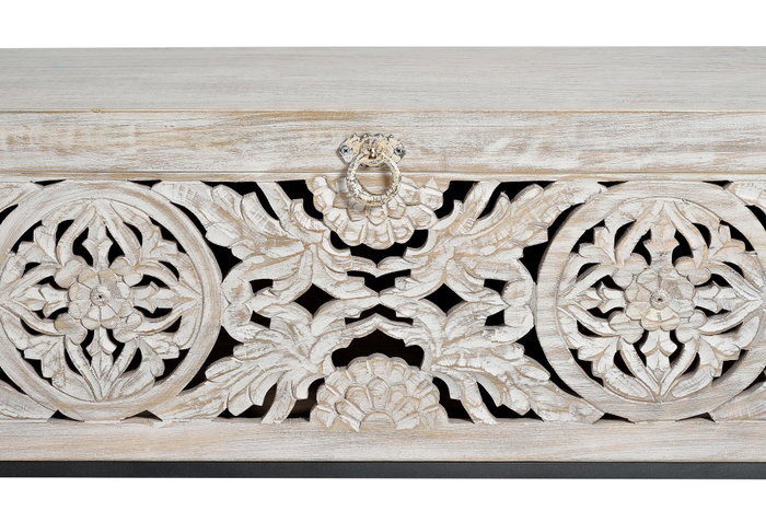 GINER Y COLOMER Coffre en bois de manguier et métal, finition blanc vieilli, ouverture supérieure, 50 x 116 x 40 cm
